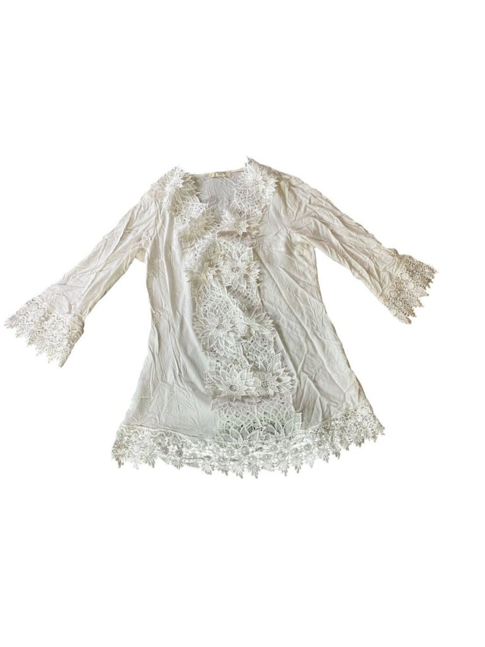 Solitaire White Lace-Trim Swim Cover-Up Tunic Crochet Details 3/4 Sleeve S/M